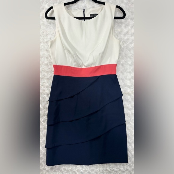 Connected Apparel Womens Pink, White & Blue Asymmetrical V-Neck Sheath Dress - Picture 10 of 12